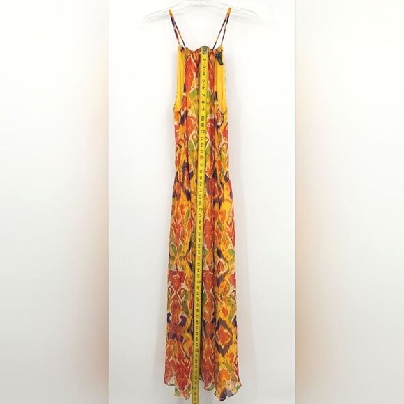 Lauren Ralph Lauren Tribal Ikat Print Yellow Tie-Back Smocked Maxi Dress Women 8 - Picture 10 of 11